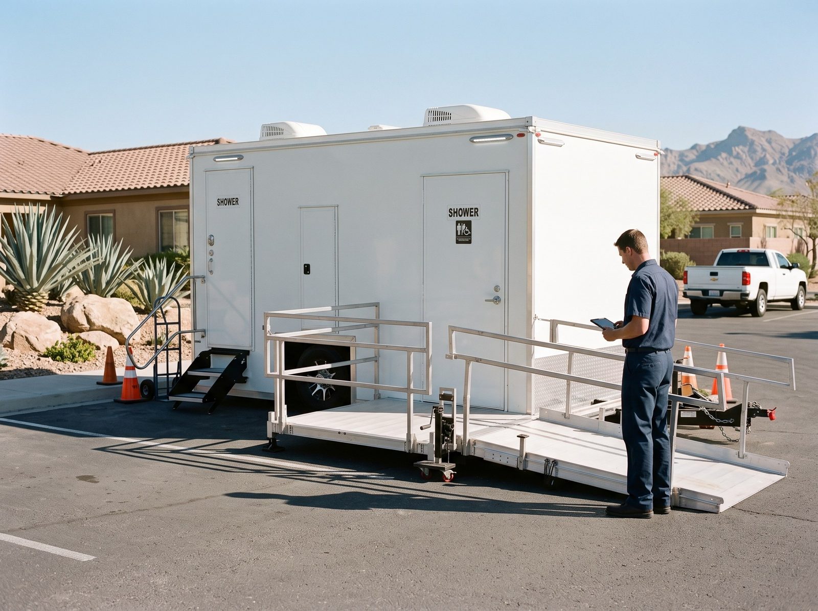 Technician with a tablet at the foot of the ramp on an ADA shower trailer in a residential parking lot with desert landscaping