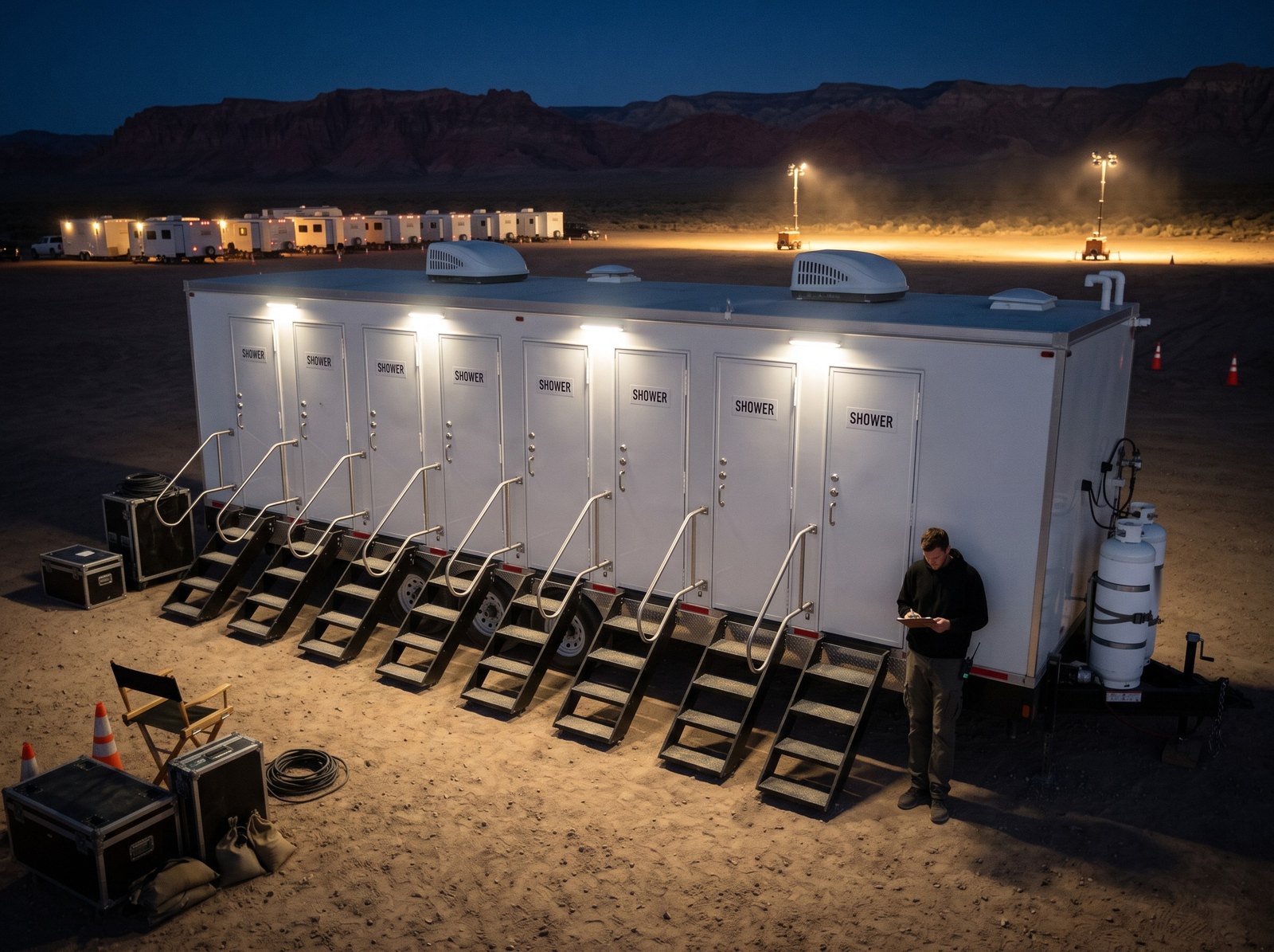 Eight station shower trailer lit up at a night film base camp off Blue Diamond Road, road cases and a director chair by the steps, crew trailers lined up behind