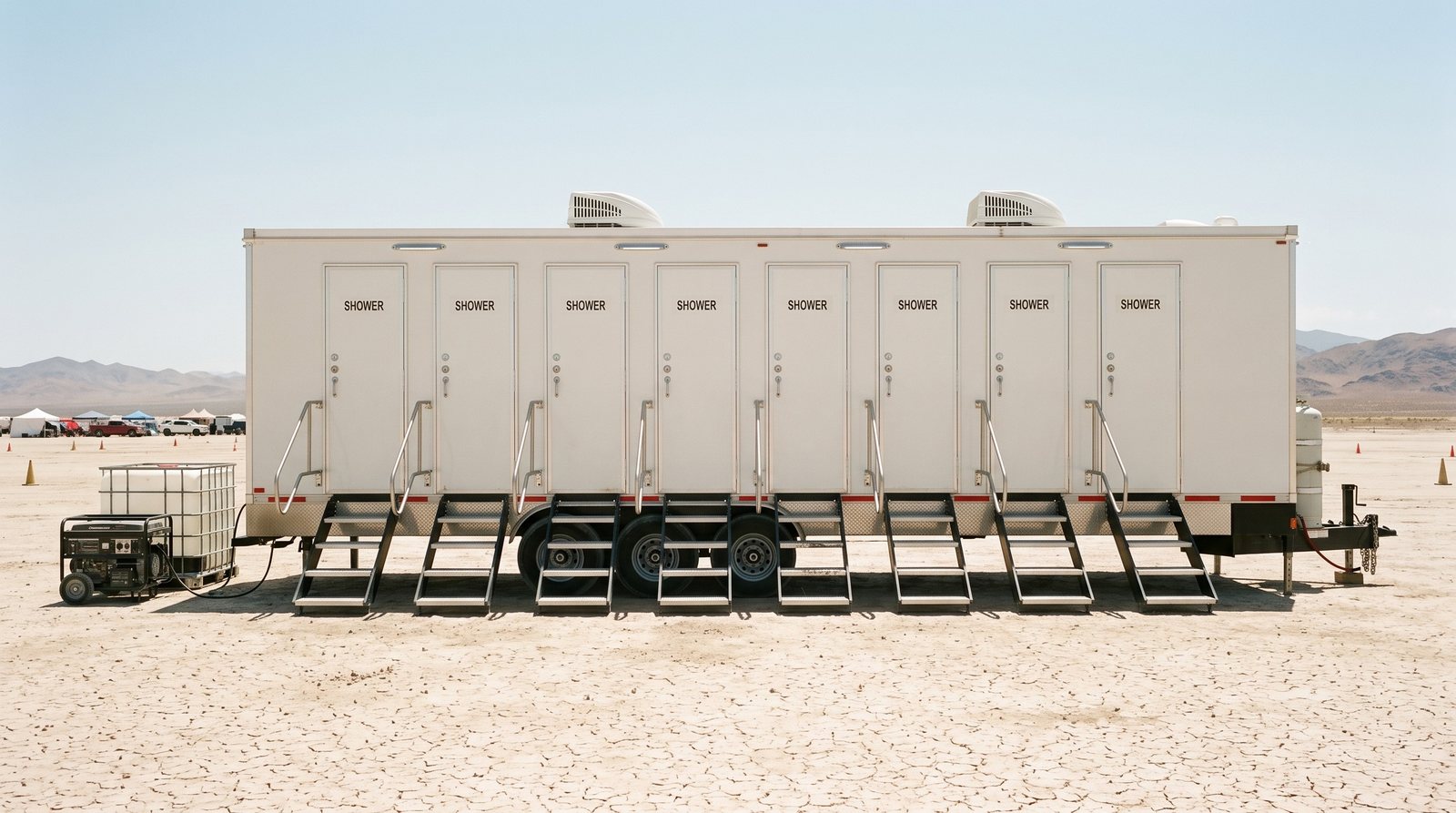 Eight station shower trailer broadside on a cracked dry lake bed, a generator and water tote at one end and race support tents far behind