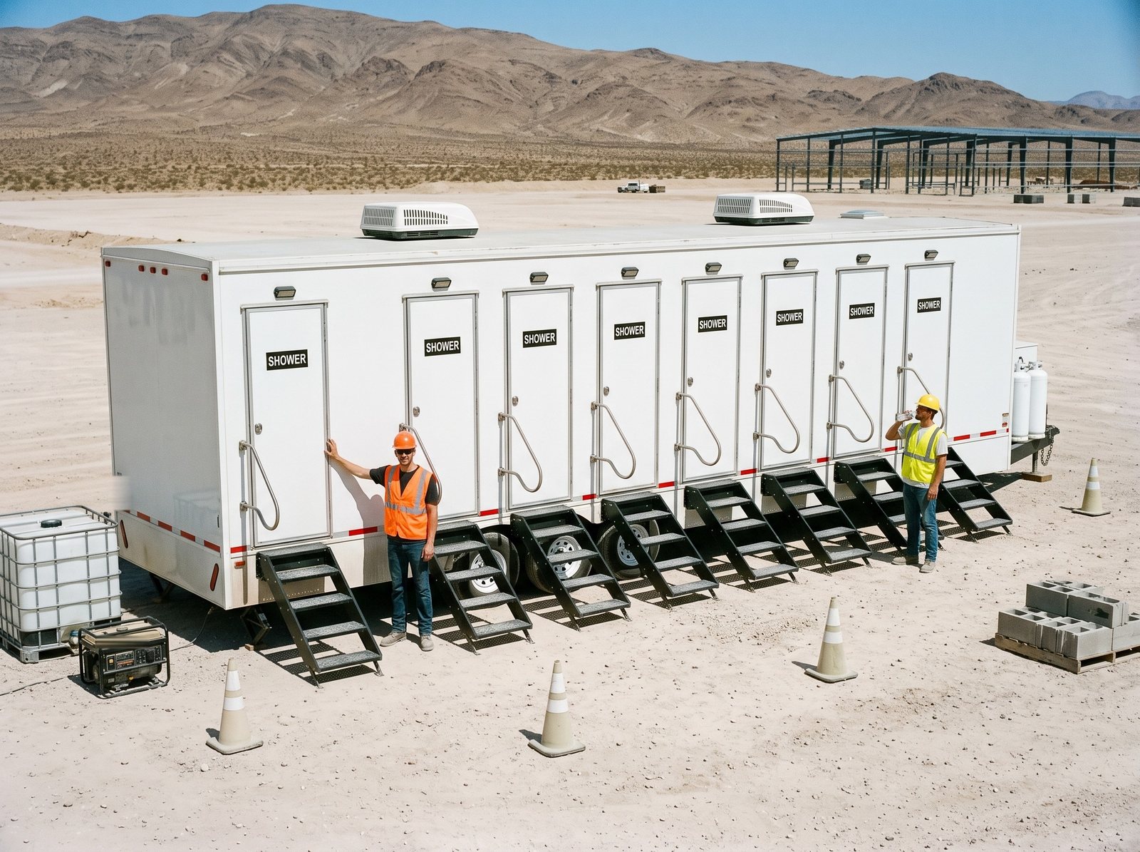 An eight station shower trailer at noon on a construction site in Apex, north of Las Vegas