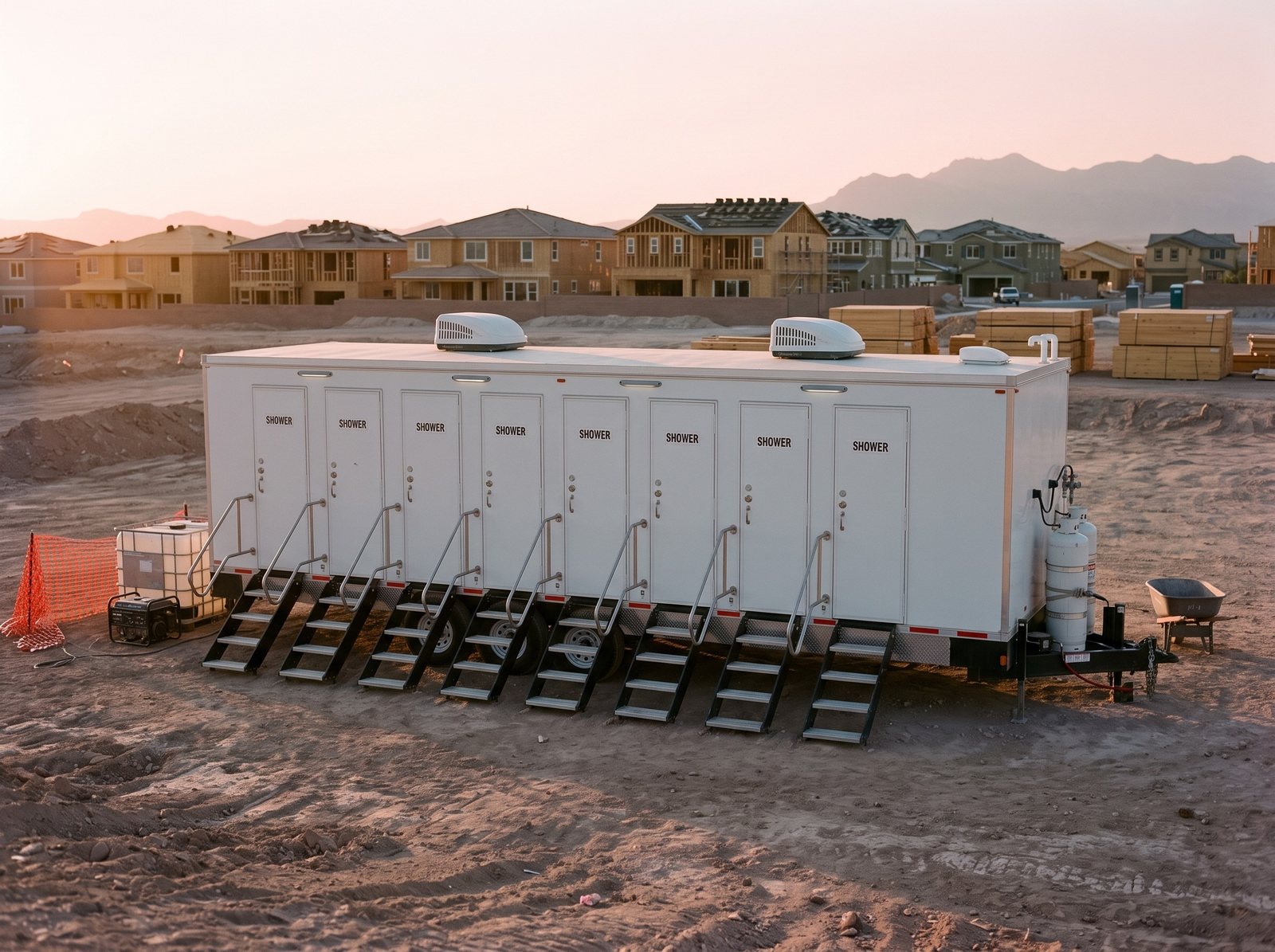 Eight station shower trailer on a graded dirt lot at sunset in Centennial Hills, framed houses behind