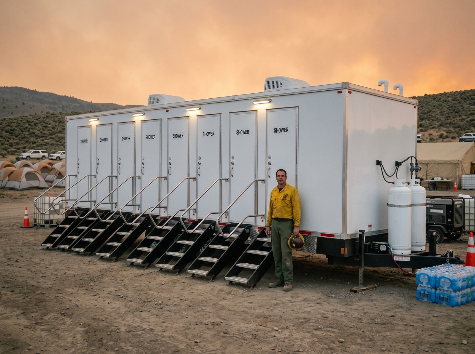 Eight station shower trailer at a wildfire incident base camp in northern Nevada, a firefighter beside the steps