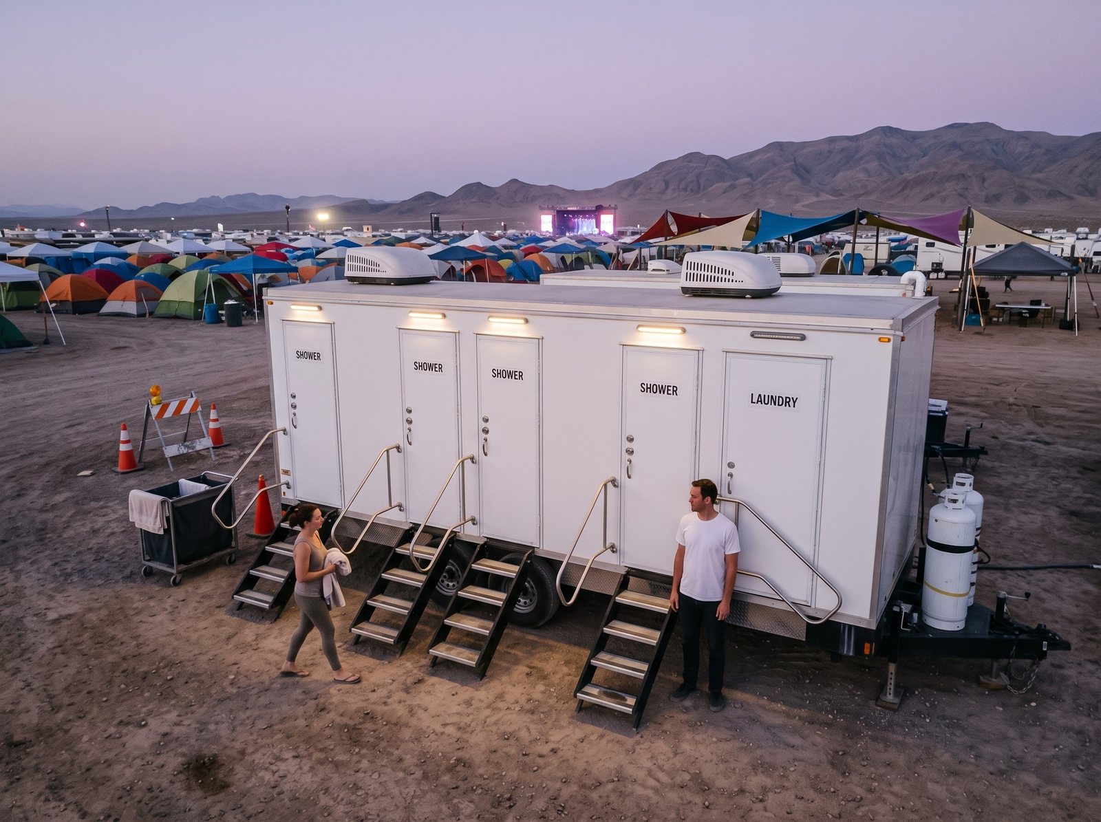 Four station shower and laundry trailer lit at dusk on a desert festival campground