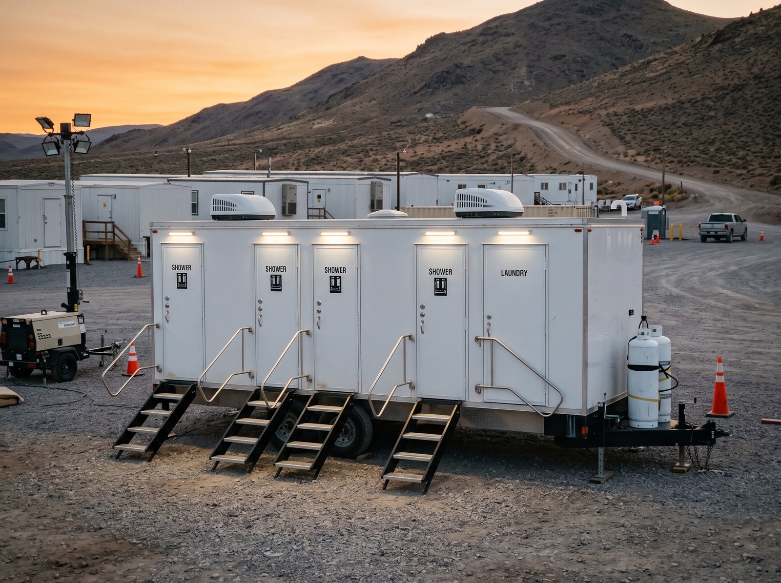 Four station shower and laundry trailer at a mine crew camp near Round Mountain, Nevada, bare desert hills behind