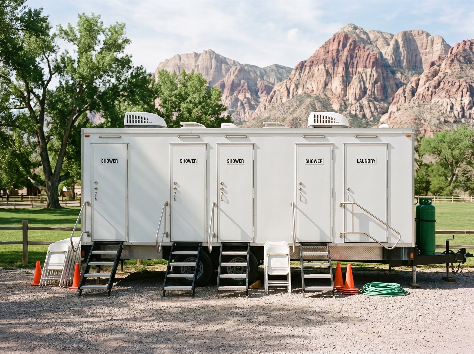 Four station shower and laundry trailer on a gravel drive beside an event lawn, big cottonwoods and red and cream cliffs behind