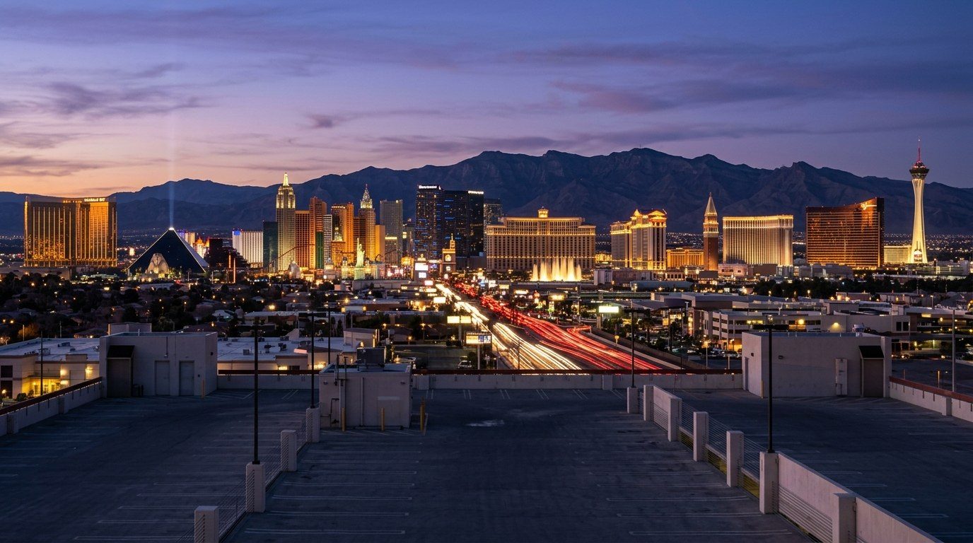 The Las Vegas Strip at dusk from a rooftop parking deck to the west, the resort towers lit gold and white and traffic streaking below