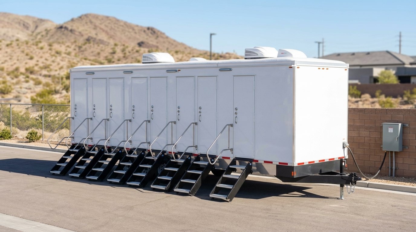 Multi stall shower trailer on a Henderson site with Black Mountain behind it