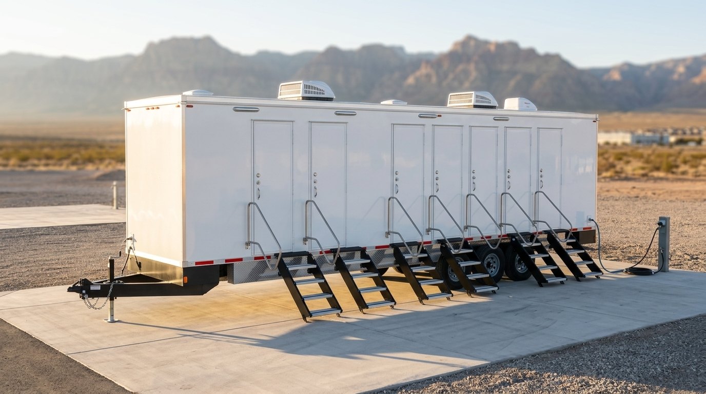 Shower trailer on open desert ground north of Las Vegas with the range in the distance
