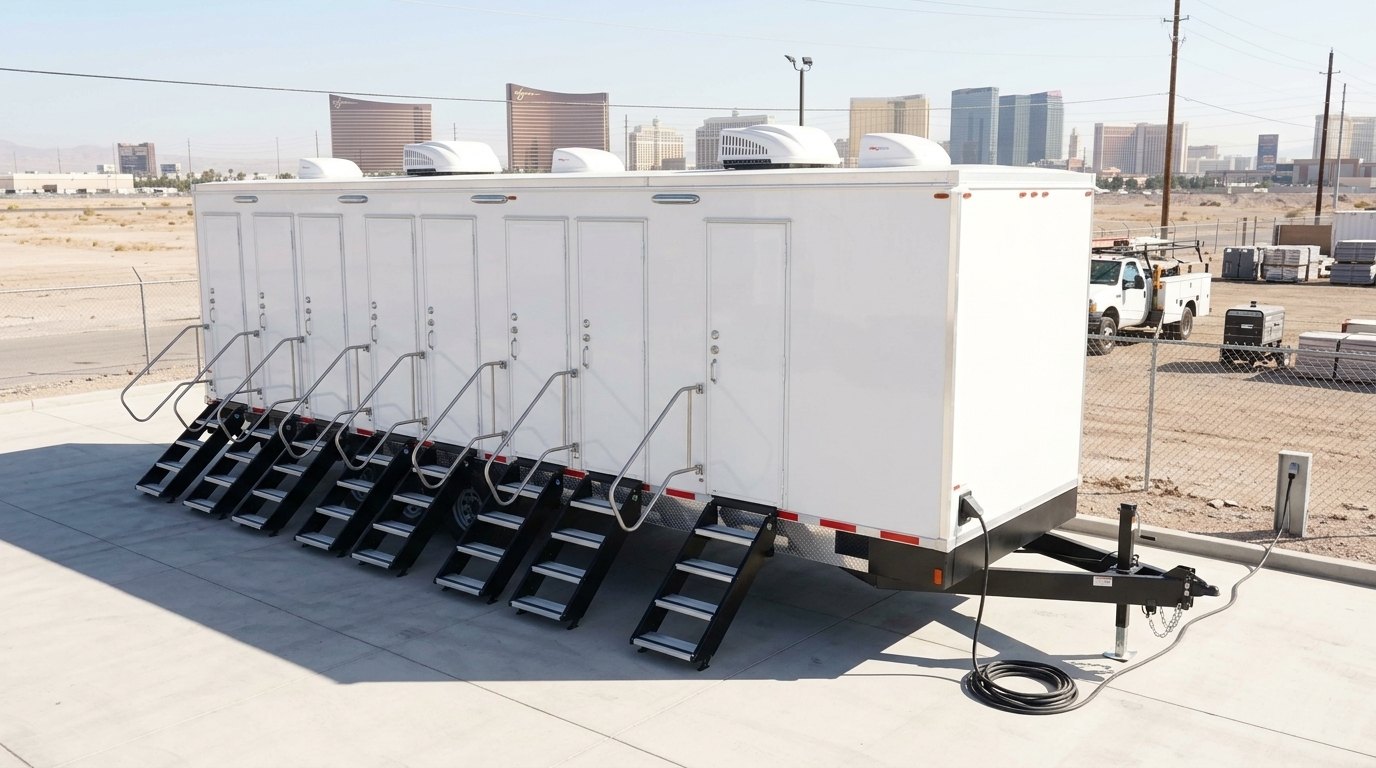 Mobile shower trailer set up and leveled with the Las Vegas Strip skyline behind it