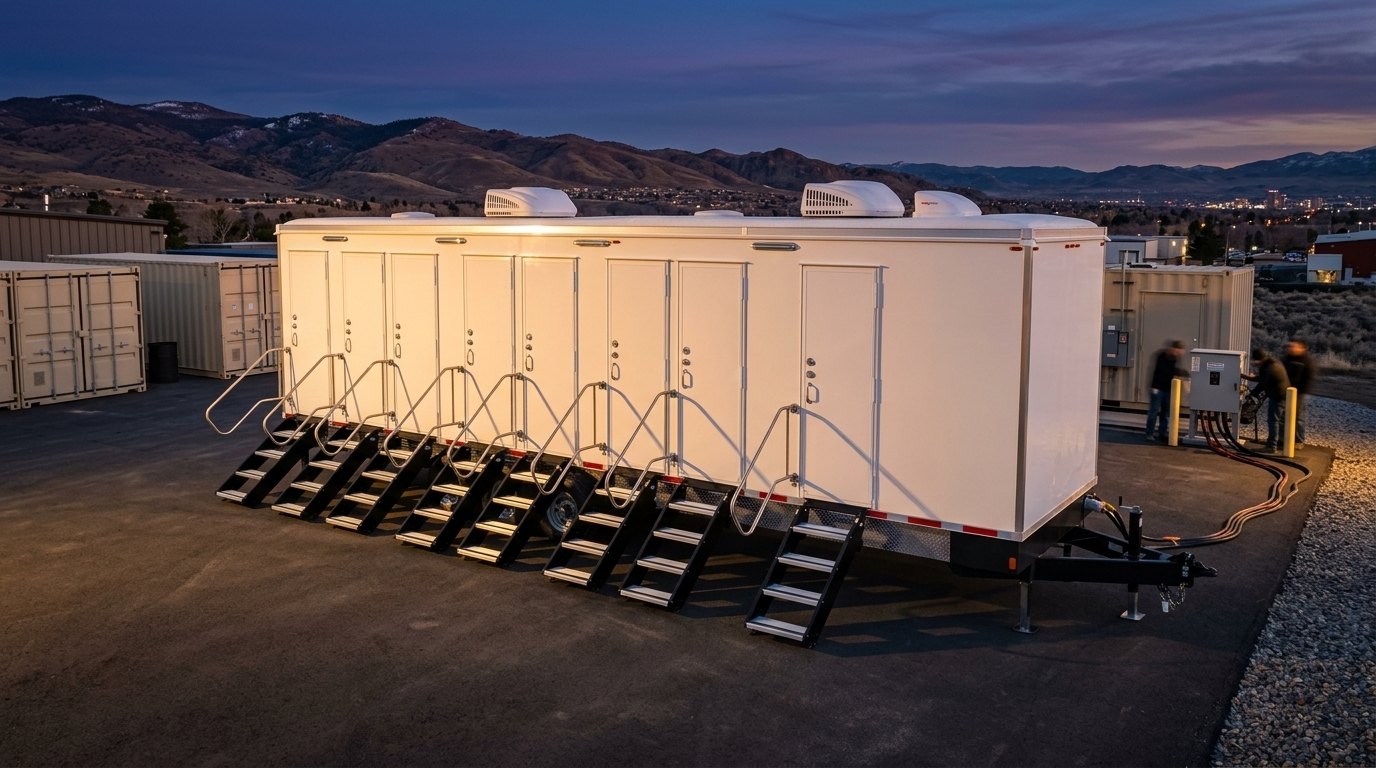 Shower trailer rental parked on a Reno site with the Truckee Meadows and foothills behind it