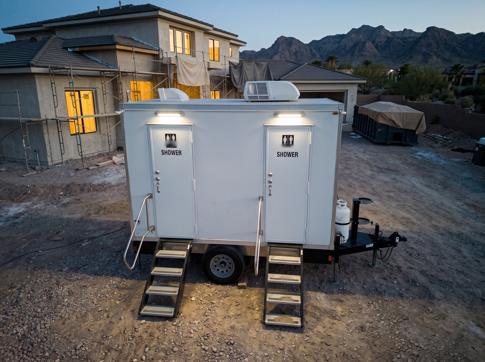Two station shower trailer lit at blue hour on the dirt driveway of a house under remodel, scaffolding and a covered dumpster behind