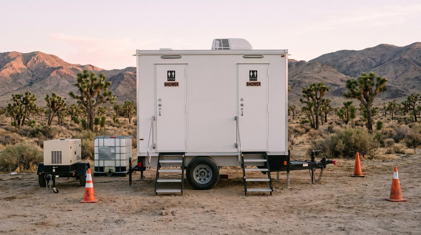Two station shower trailer on a dirt pad among Joshua trees with a small generator and a water tote beside it