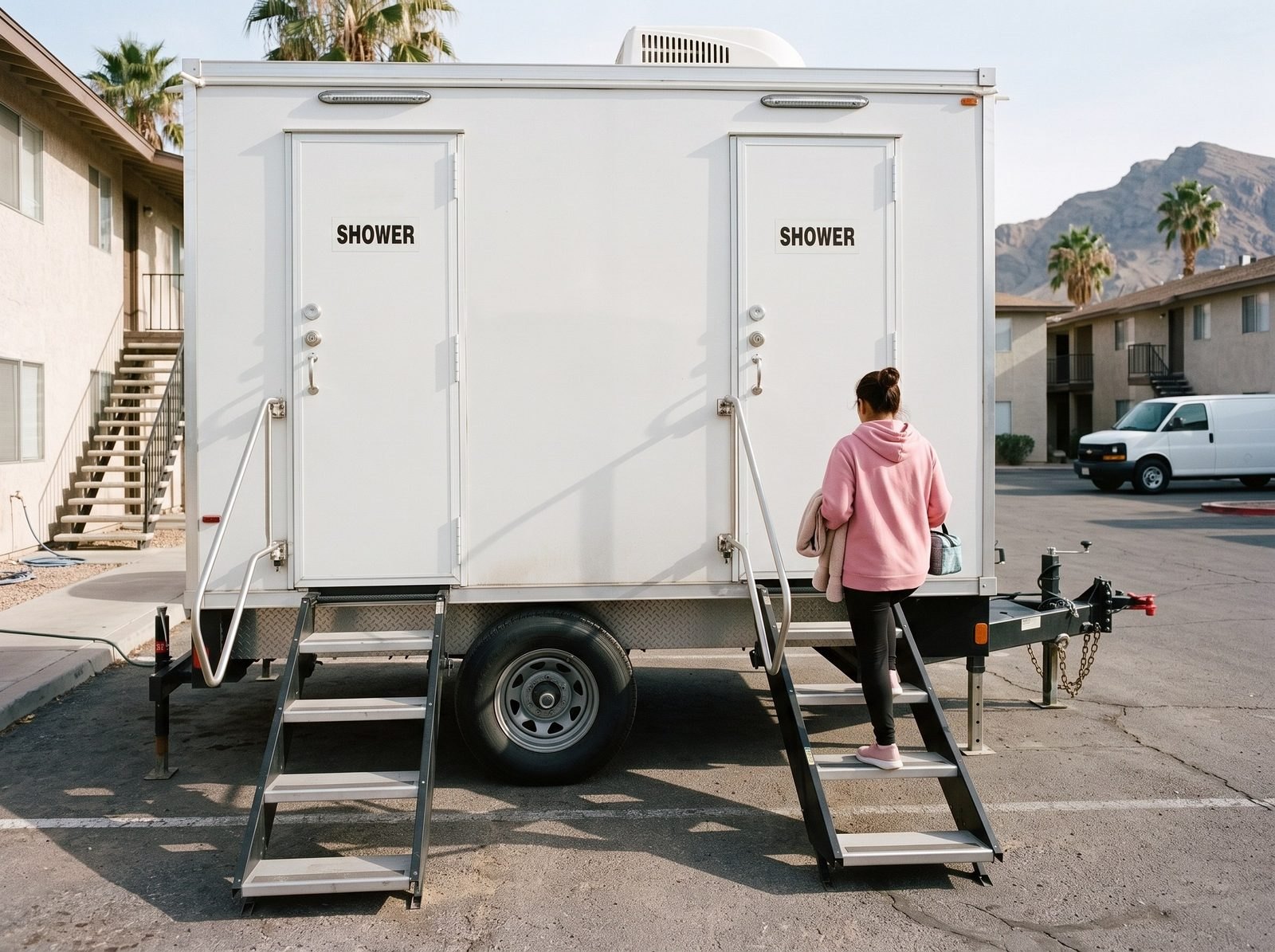 Two station shower trailer in a Sunrise Manor apartment parking lot while the building has no hot water